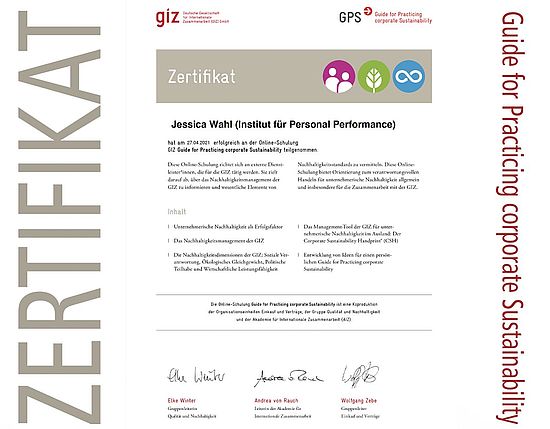 Zertifikat Guide for Practicing Corporate Sustainability (GPS) der GIZ